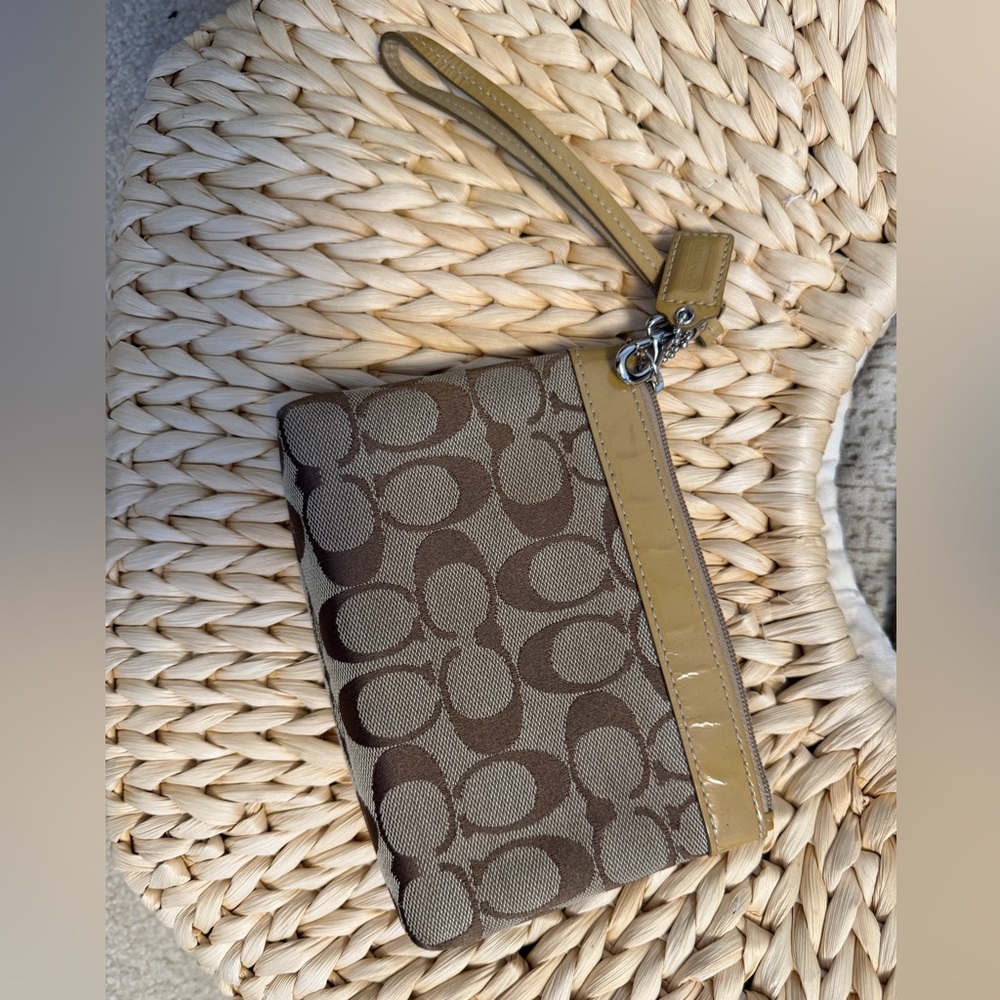 Coach Brown and Tan Signature Canvas Wristlet